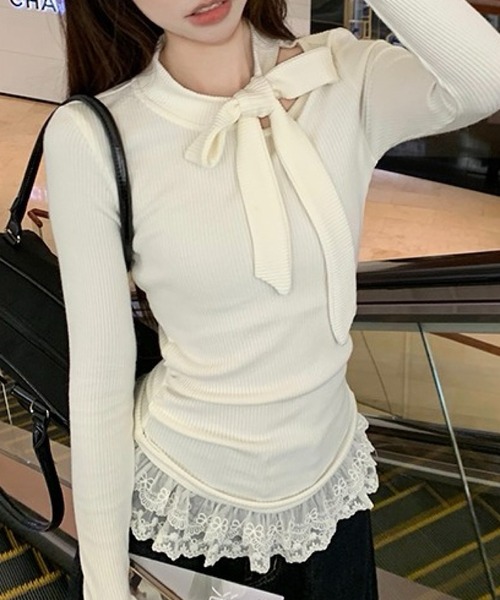 おしゃれスタ(オシャレスタ)の「リボンタイ付きリブフリルヘムトップス(その他トップス・レディース・ホワイト/グレー・XL/L/M/S)」の9枚目の写真