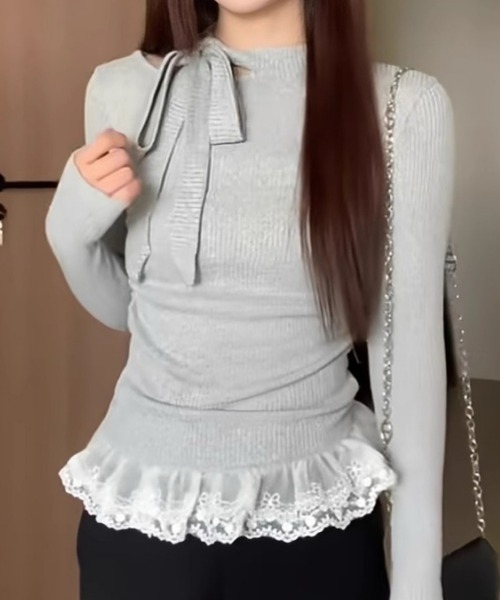 おしゃれスタ(オシャレスタ)の「リボンタイ付きリブフリルヘムトップス(その他トップス・レディース・ホワイト/グレー・XL/L/M/S)」の12枚目の写真