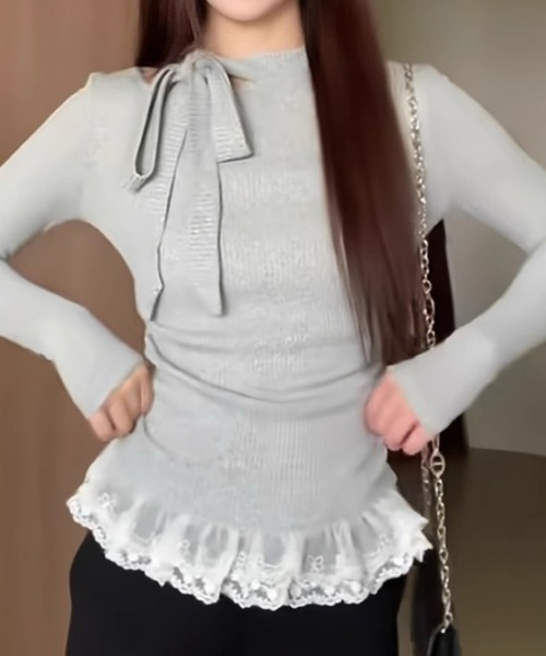 おしゃれスタ(オシャレスタ)の「リボンタイ付きリブフリルヘムトップス(その他トップス・レディース・ホワイト/グレー・XL/L/M/S)」の13枚目の写真