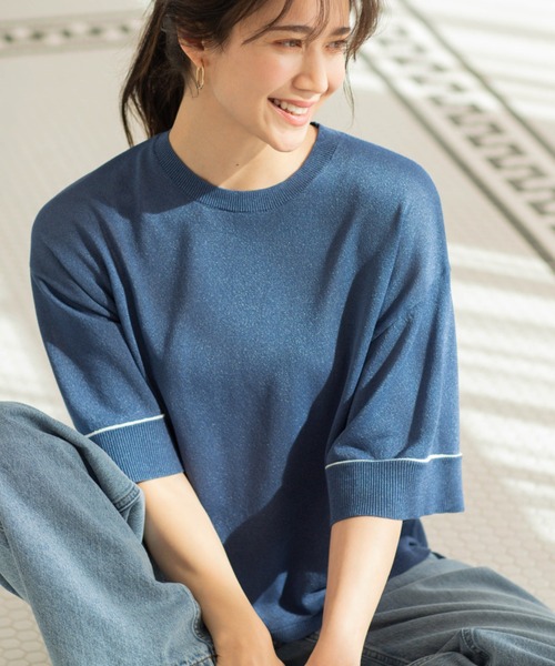 SHOO・LA・RUE(シューラルー)の「配色ラインニットTシャツ(ニット/セーター・レディース・ブルー系その他/ブラック/ピンク/ダークブラウン/ホワイト/チャコールグレー・00)」の1枚目の写真