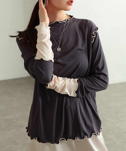 Sawa a la mode（サワアラモード）の「配色スリーブメロウパイピングカットソー（Tシャツ/カットソー・レディース・ブラック/ホワイト/グレー・FREE）」の3枚目の写真