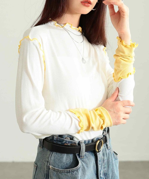 Sawa a la mode（サワアラモード）の「配色スリーブメロウパイピングカットソー（Tシャツ/カットソー・レディース・ブラック/ホワイト/グレー・FREE）」の2枚目の写真