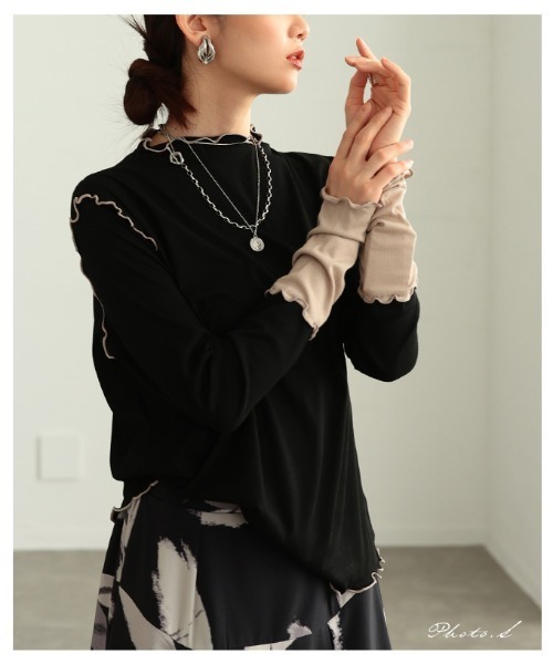 Sawa a la mode（サワアラモード）の「配色スリーブメロウパイピングカットソー（Tシャツ/カットソー・レディース・ブラック/ホワイト/グレー・FREE）」の4枚目の写真