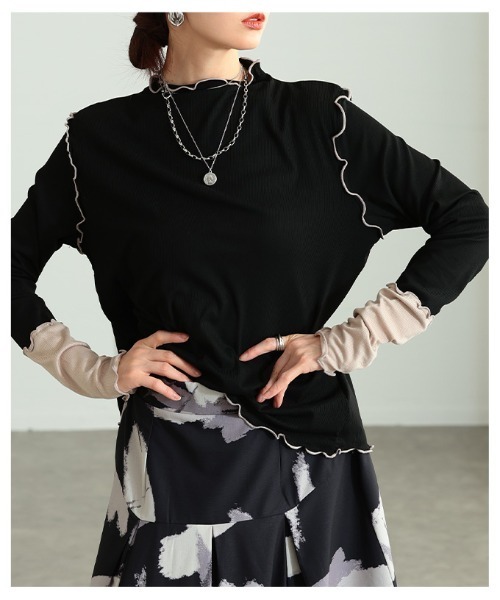 Sawa a la mode（サワアラモード）の「配色スリーブメロウパイピングカットソー（Tシャツ/カットソー・レディース・ブラック/ホワイト/グレー・FREE）」の6枚目の写真