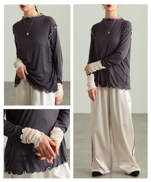 Sawa a la mode（サワアラモード）の「配色スリーブメロウパイピングカットソー（Tシャツ/カットソー・レディース・ブラック/ホワイト/グレー・FREE）」の20枚目の写真