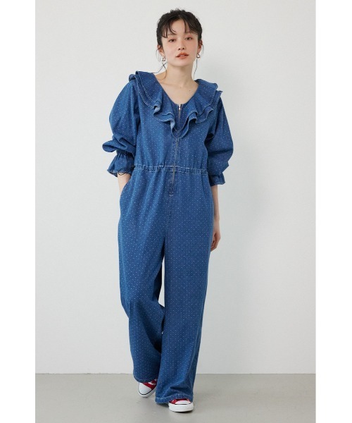 RODEO CROWNS WIDE BOWL（ロデオクラウンズワイドボウル）の「フリルデニムオールインワン（つなぎ/オールインワン・レディース・ブラック/ブルー系その他・FREE）」の2枚目の写真