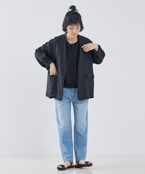 collex（コレックス）の「麻ノーカラージャケット（ノーカラージャケット・レディース・ベージュ/ブラック・フリー）」の4枚目の写真