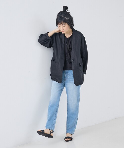 collex（コレックス）の「麻ノーカラージャケット（ノーカラージャケット・レディース・ベージュ/ブラック・フリー）」の5枚目の写真