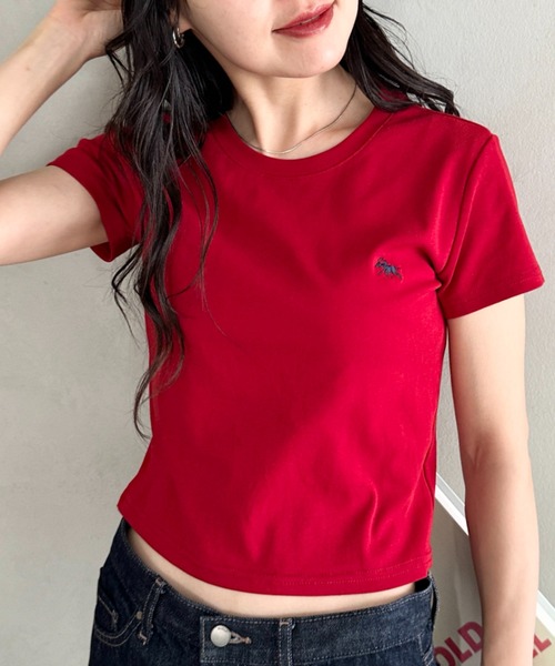 POLOCHAMPS(ポロチャンプス)の「POLOCHAMPS(ポロチャンプス)/無地 ワンポイント刺繍 クロップド丈 短丈 クルーネック/カラー刺繍Tシャツ(Tシャツ/カットソー・レディース・パープル/ブラック/アイボリー/ライトグレー/ダークグレー/サックスブルー/ベージュ/ホワイト/ワインレッド/ネイビー/ピンク・FREE)」の11枚目の写真