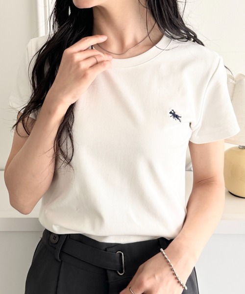 POLOCHAMPS(ポロチャンプス)の「POLOCHAMPS(ポロチャンプス)/無地 ワンポイント刺繍 クロップド丈 短丈 クルーネック/カラー刺繍Tシャツ(Tシャツ/カットソー・レディース・パープル/ブラック/アイボリー/ライトグレー/ダークグレー/サックスブルー/ベージュ/ホワイト/ワインレッド/ネイビー/ピンク・FREE)」の12枚目の写真