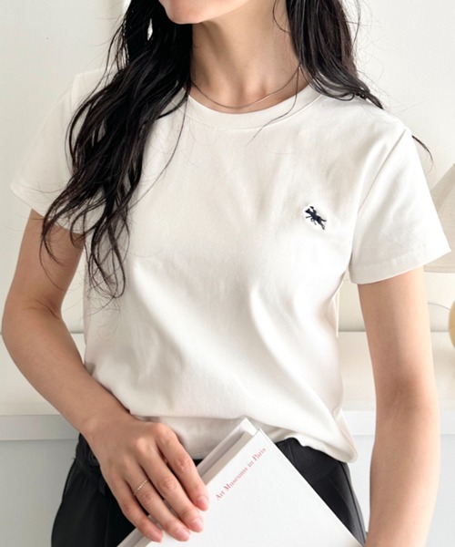 POLOCHAMPS(ポロチャンプス)の「POLOCHAMPS(ポロチャンプス)/無地 ワンポイント刺繍 クロップド丈 短丈 クルーネック/カラー刺繍Tシャツ(Tシャツ/カットソー・レディース・パープル/ブラック/アイボリー/ライトグレー/ダークグレー/サックスブルー/ベージュ/ホワイト/ワインレッド/ネイビー/ピンク・FREE)」の13枚目の写真