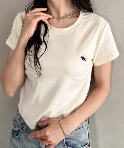 POLOCHAMPS(ポロチャンプス)の「POLOCHAMPS(ポロチャンプス)/無地 ワンポイント刺繍 クロップド丈 短丈 クルーネック/カラー刺繍Tシャツ(Tシャツ/カットソー・レディース・パープル/ブラック/アイボリー/ライトグレー/ダークグレー/サックスブルー/ベージュ/ホワイト/ワインレッド/ネイビー/ピンク・FREE)」の18枚目の写真