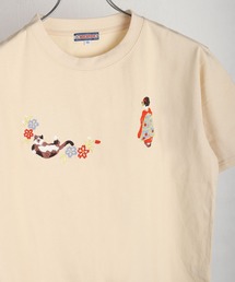 HOUSTON / ヒューストン 刺繍デザイン コットン半袖Tシャツ 猫 舞妓 和風モチーフ レディース
