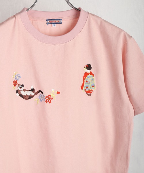 HOUSTON(ヒューストン)の「HOUSTON / ヒューストン 刺繍デザイン コットン半袖Tシャツ 猫 舞妓 和風モチーフ レディース(Tシャツ/カットソー・レディース・ピンク/ナチュラル/ピンク系その他/イエロー/ターコイズブルー/ベージュ系その他・0/1)」の6枚目の写真