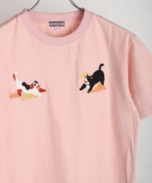 HOUSTON / ヒューストン 刺繍デザイン コットン半袖Tシャツ 猫 舞妓 和風モチーフ レディース