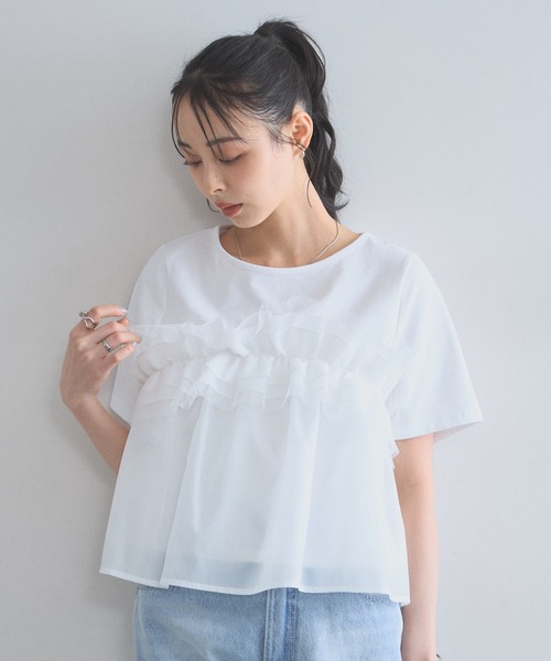 &. NOSTALGIA(アンドドットノスタルジア)の「ドットフリルレイヤードTシャツ(Tシャツ/カットソー・レディース・ホワイト/ブラック・M)」の1枚目の写真