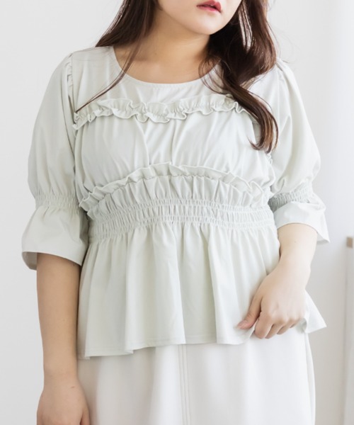 CLETTE(クレット)の「CLETTEオリジナルフリルデザインペプラムカットソー(Tシャツ/カットソー・レディース・ミント/ブラウン/ピンク・4L/3L/LL)」の7枚目の写真
