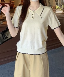 リボン刺繍半袖ポロニット