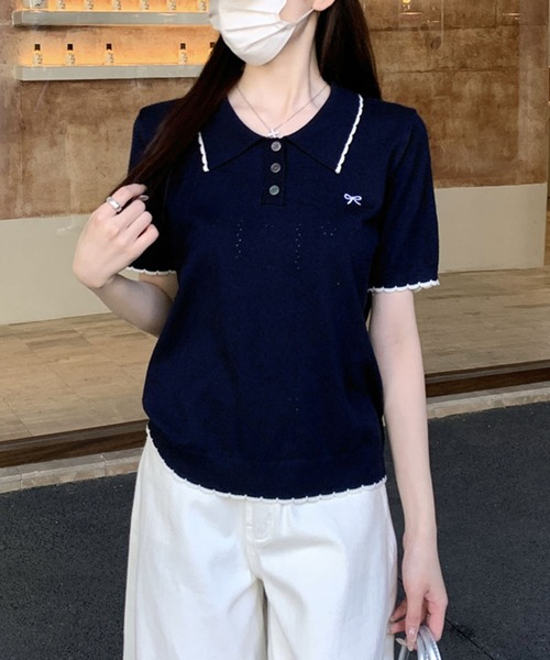 Girly Doll(ガーリードール)の「リボン刺繍半袖ポロニット(ポロシャツ・レディース・ネイビー/ベージュ・FREE)」の17枚目の写真