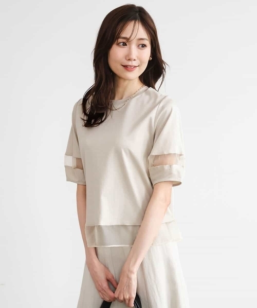 MK MICHEL KLEIN（エムケーミッシェルクラン）の「[洗える]シアー切替えランタンスリーブカットソー（Tシャツ/カットソー・レディース・ホワイト/ミント/ベージュ/ブラック/ブルー/カーキ系・38）」の3枚目の写真