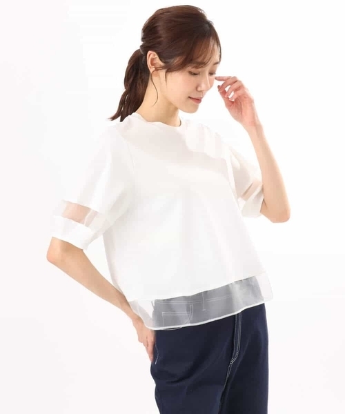 MK MICHEL KLEIN（エムケーミッシェルクラン）の「[洗える]シアー切替えランタンスリーブカットソー（Tシャツ/カットソー・レディース・ホワイト/ミント/ベージュ/ブラック/ブルー/カーキ系・38）」の11枚目の写真