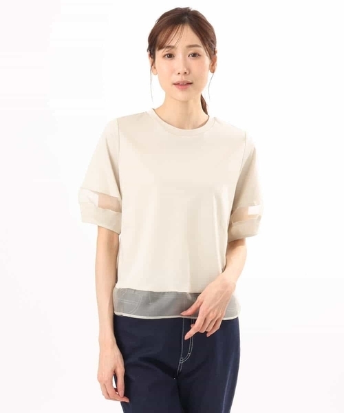 MK MICHEL KLEIN（エムケーミッシェルクラン）の「[洗える]シアー切替えランタンスリーブカットソー（Tシャツ/カットソー・レディース・ホワイト/ミント/ベージュ/ブラック/ブルー/カーキ系・38）」の7枚目の写真