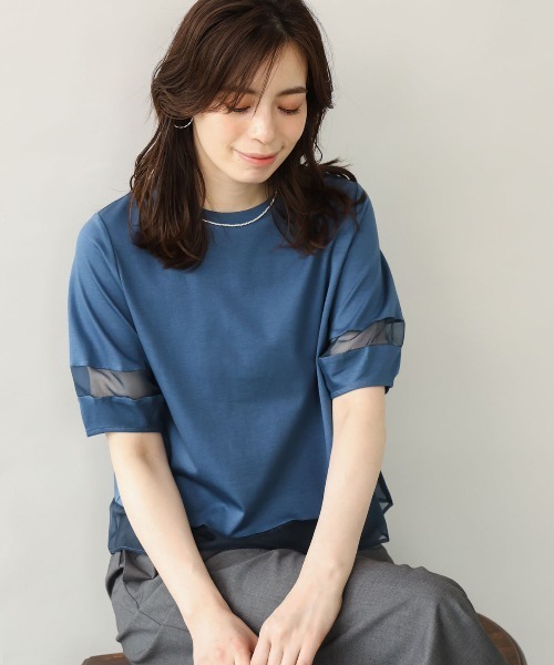 MK MICHEL KLEIN（エムケーミッシェルクラン）の「[洗える]シアー切替えランタンスリーブカットソー（Tシャツ/カットソー・レディース・ホワイト/ミント/ベージュ/ブラック/ブルー/カーキ系・38）」の6枚目の写真