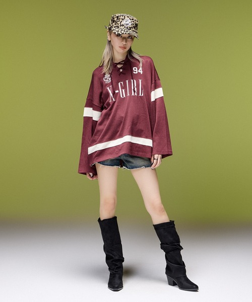 X-girl(エックスガール)の「LOGO MARK EMBROIDERED FLAT BRIM CAP(キャップ・レディース・ベージュ/ブラック・ONE SIZE)」の11枚目の写真