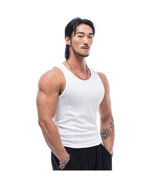 PHYSICAL GARMENTS（フィジカルガーメンツ）の「P2447 切り替えリブスリムノースリーブ [2カラー]（Tシャツ/カットソー・メンズ・ホワイト/ブラック・LARGE/MEDIUM/X-LARGE/XX-LARGE）」の2枚目の写真