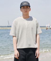 ワッフルクロップヘンリーネックTシャツ[メランジグレー]