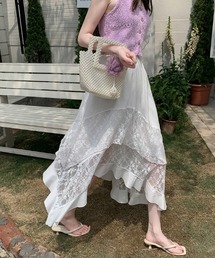 レース切替 不規則フリル ロング丈 スカート