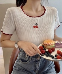 チェリーワンポイント刺繍コンパクトリブTシャツ/半袖ニットトップス