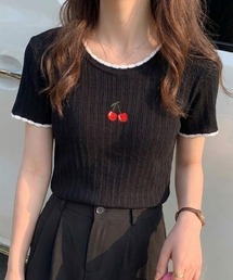 チェリーワンポイント刺繍コンパクトリブTシャツ/半袖ニットトップス