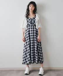 レーストリムチェックリボンフリルロングワンピース