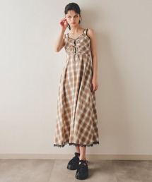 レーストリムチェックリボンフリルロングワンピース
