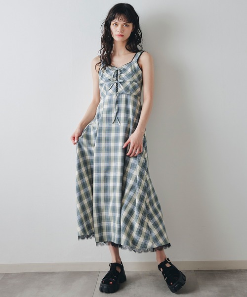 REDYAZEL（レディアゼル）の「レーストリムチェックリボンフリルロングワンピース（ワンピース・レディース・ブラック系その他/ベージュ系その他/ブルー系その他・FREE）」の3枚目の写真