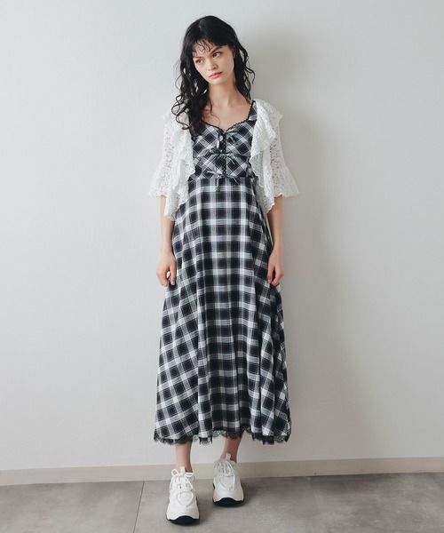 REDYAZEL（レディアゼル）の「レーストリムチェックリボンフリルロングワンピース（ワンピース・レディース・ブラック系その他/ベージュ系その他/ブルー系その他・FREE）」の14枚目の写真