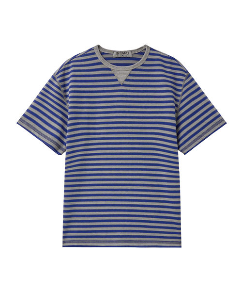 INTEMPOMOOD(インテンポムード)の「オーシャンストライプフィグクロップTシャツ : 2カラー(Tシャツ/カットソー・メンズ・ブラック/ネイビー・MEDIUM/LARGE)」の1枚目の写真