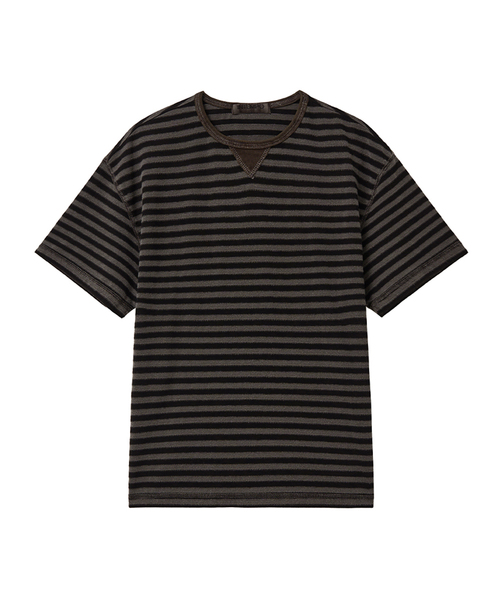 INTEMPOMOOD(インテンポムード)の「オーシャンストライプフィグクロップTシャツ : 2カラー(Tシャツ/カットソー・メンズ・ブラック/ネイビー・MEDIUM/LARGE)」の2枚目の写真