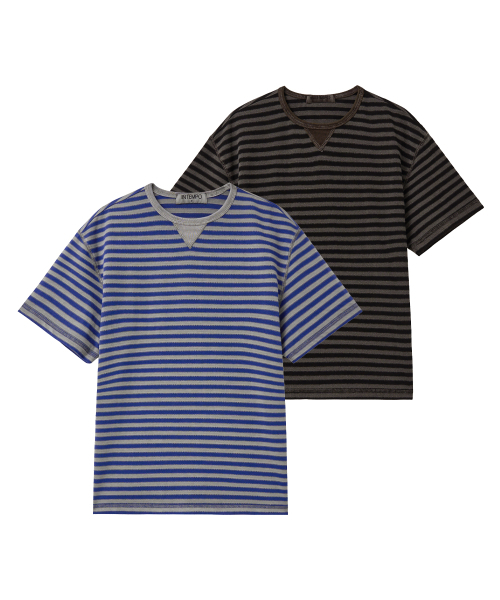 INTEMPOMOOD(インテンポムード)の「オーシャンストライプフィグクロップTシャツ : 2カラー(Tシャツ/カットソー・メンズ・ブラック/ネイビー・MEDIUM/LARGE)」の3枚目の写真