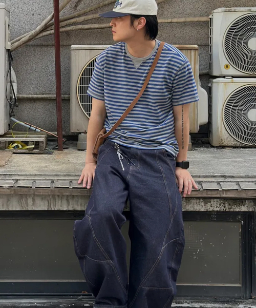 INTEMPOMOOD(インテンポムード)の「オーシャンストライプフィグクロップTシャツ : 2カラー(Tシャツ/カットソー・メンズ・ブラック/ネイビー・MEDIUM/LARGE)」の6枚目の写真