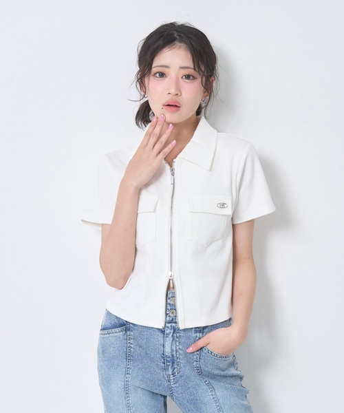 LOVETOXIC（ラブトキシック）の「【LTXC/吸水速乾】衿つきジップ半袖テレコ（シャツ/ブラウス・キッズ・ブラック/オフホワイト/サックスブルー・S:140cm/130cm/L:160cm/M:150cm）」の9枚目の写真