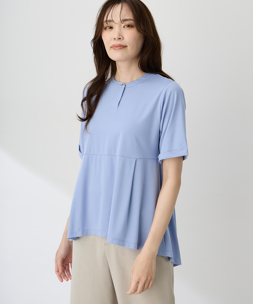 A/C DESIGN BY ALPHA CUBIC（エーシーデザインバイアルファキュービック）の「クルーネックペプラムTシャツ【ひやツヤ・UVカット・接触冷感】（Tシャツ/カットソー・レディース・ネイビー/サックスブルー/ライトグレー・M/L）」の7枚目の写真