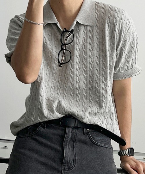 NOWLE(ノウル)の「【NOWLE】ケーブル編み ポロニット 半袖 ポロシャツ / リラックス サマーニット トップス(ポロシャツ・メンズ・グレー/ブラック・X-LARGE/LARGE/MEDIUM)」の3枚目の写真