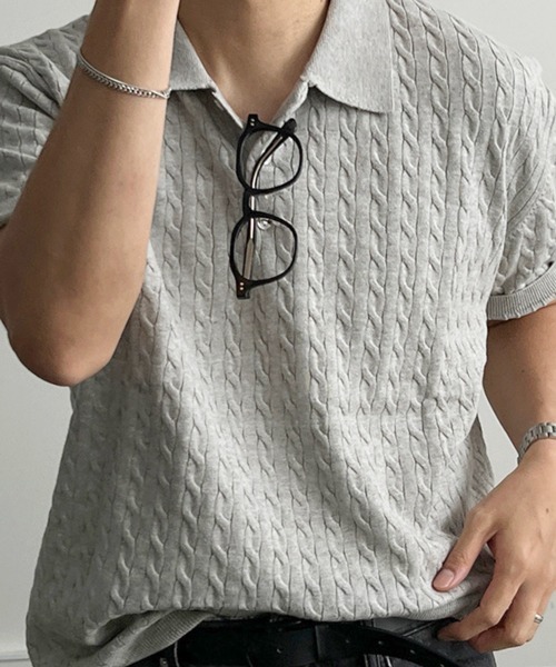 NOWLE(ノウル)の「【NOWLE】ケーブル編み ポロニット 半袖 ポロシャツ / リラックス サマーニット トップス(ポロシャツ・メンズ・グレー/ブラック・X-LARGE/LARGE/MEDIUM)」の5枚目の写真