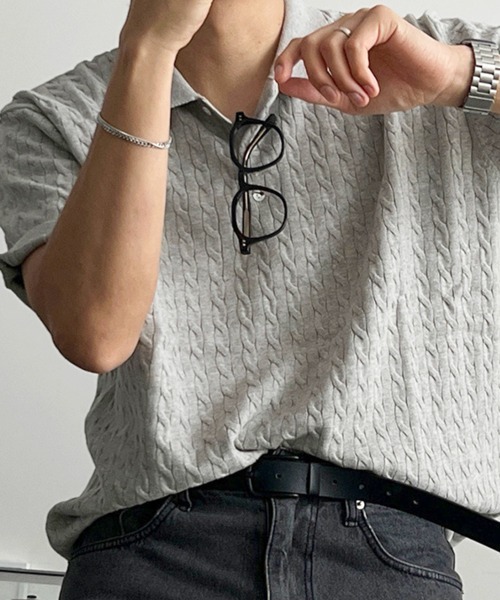 NOWLE(ノウル)の「【NOWLE】ケーブル編み ポロニット 半袖 ポロシャツ / リラックス サマーニット トップス(ポロシャツ・メンズ・グレー/ブラック・X-LARGE/LARGE/MEDIUM)」の6枚目の写真