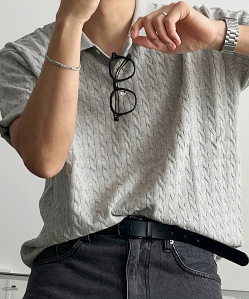 NOWLE(ノウル)の「【NOWLE】ケーブル編み ポロニット 半袖 ポロシャツ / リラックス サマーニット トップス(ポロシャツ・メンズ・グレー/ブラック・X-LARGE/LARGE/MEDIUM)」の7枚目の写真