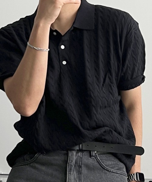 NOWLE(ノウル)の「【NOWLE】ケーブル編み ポロニット 半袖 ポロシャツ / リラックス サマーニット トップス(ポロシャツ・メンズ・グレー/ブラック・X-LARGE/LARGE/MEDIUM)」の8枚目の写真