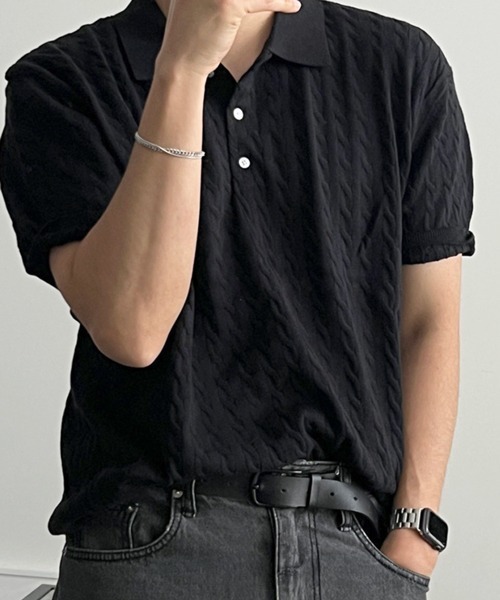 NOWLE(ノウル)の「【NOWLE】ケーブル編み ポロニット 半袖 ポロシャツ / リラックス サマーニット トップス(ポロシャツ・メンズ・グレー/ブラック・X-LARGE/LARGE/MEDIUM)」の10枚目の写真