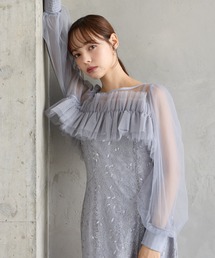 フリルチュール長袖ブラウス×スパンコールレースキャミソールワンピース 2点セットパーティードレス 結婚式 お呼ばれ ドレス 20代 30代